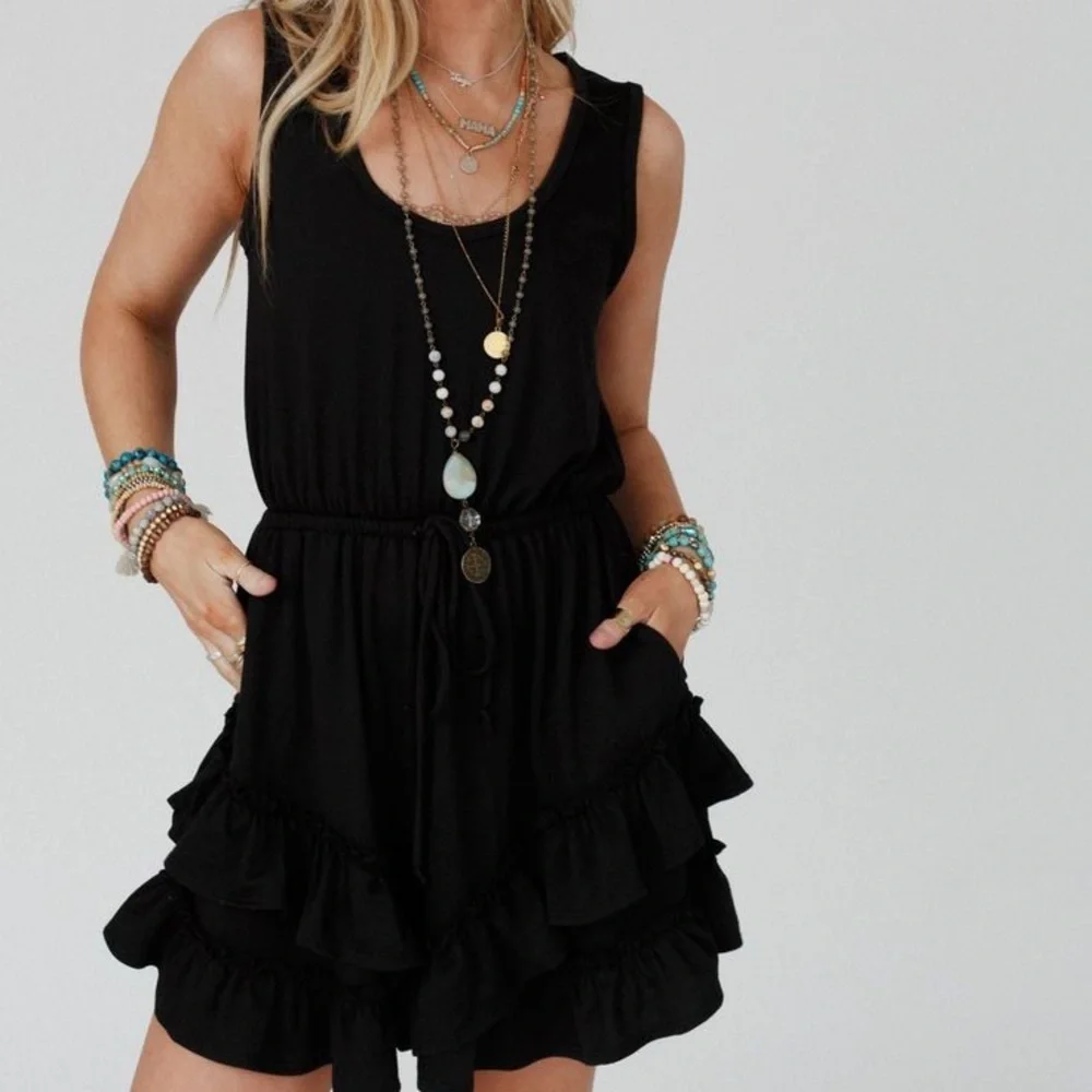 Three Bird Nest Black Ruffled Mini Dress
